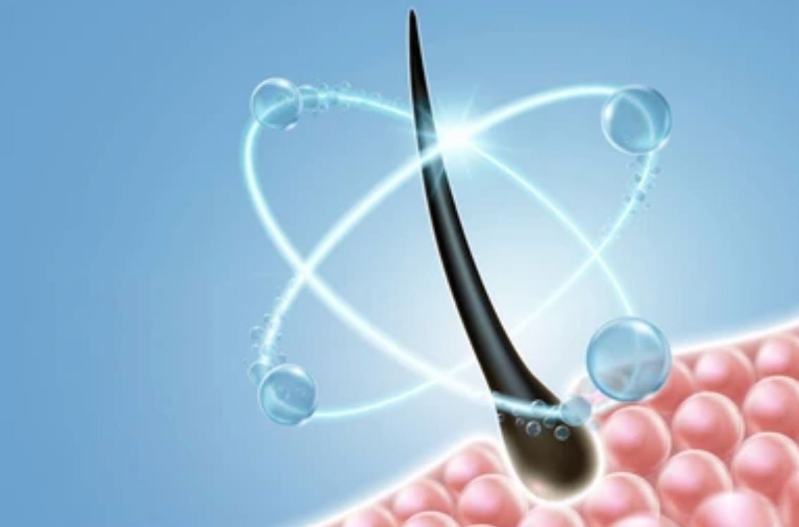 3D illustration of a healthy hair follicle with hydration molecules and energy rings, representing scalp rejuvenation and hair restoration.