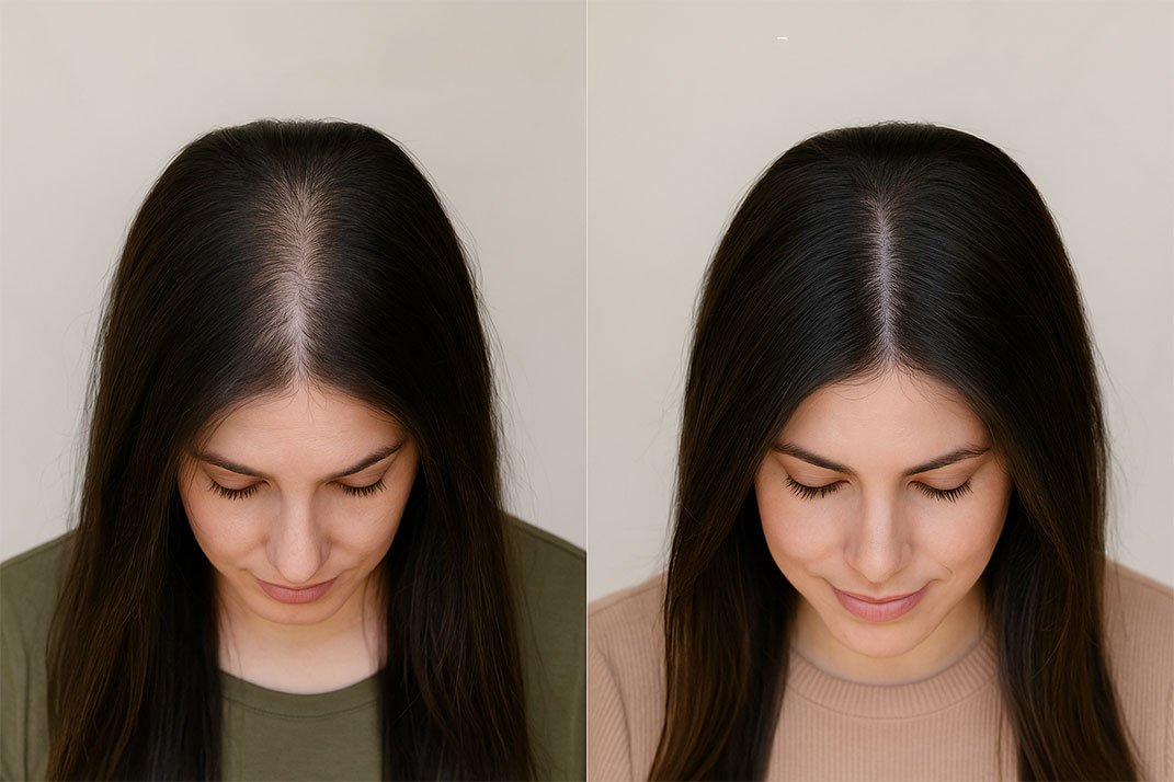 Top view before and after images showing increased hair density and visibly fuller part line after hair restoration treatment.