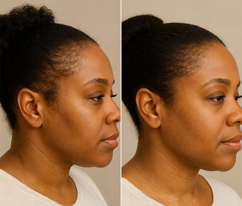 Side-by-side before and after images of a woman with textured hair showing visible hairline regrowth and fuller edges after treatment.