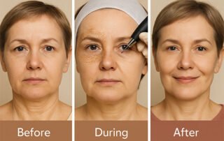 Tratamiento con Pluma de Plasma para las arrugas bajo los ojos en OgzySkin, mostrando los resultados antes, durante y después, con una piel más tensa y suave.