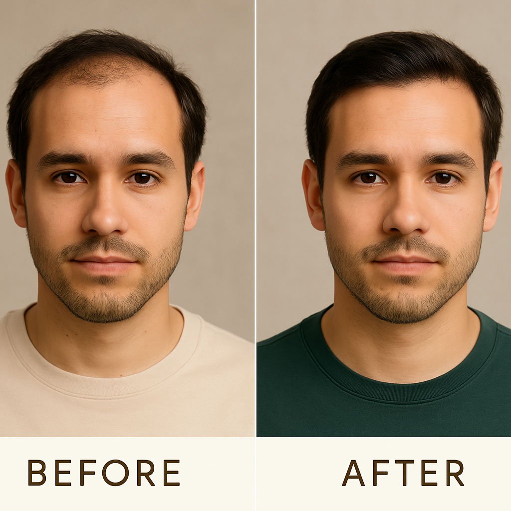 male-hair-restoration-before-after-frontal Male hair restoration before and after results showing fuller hairline and improved density