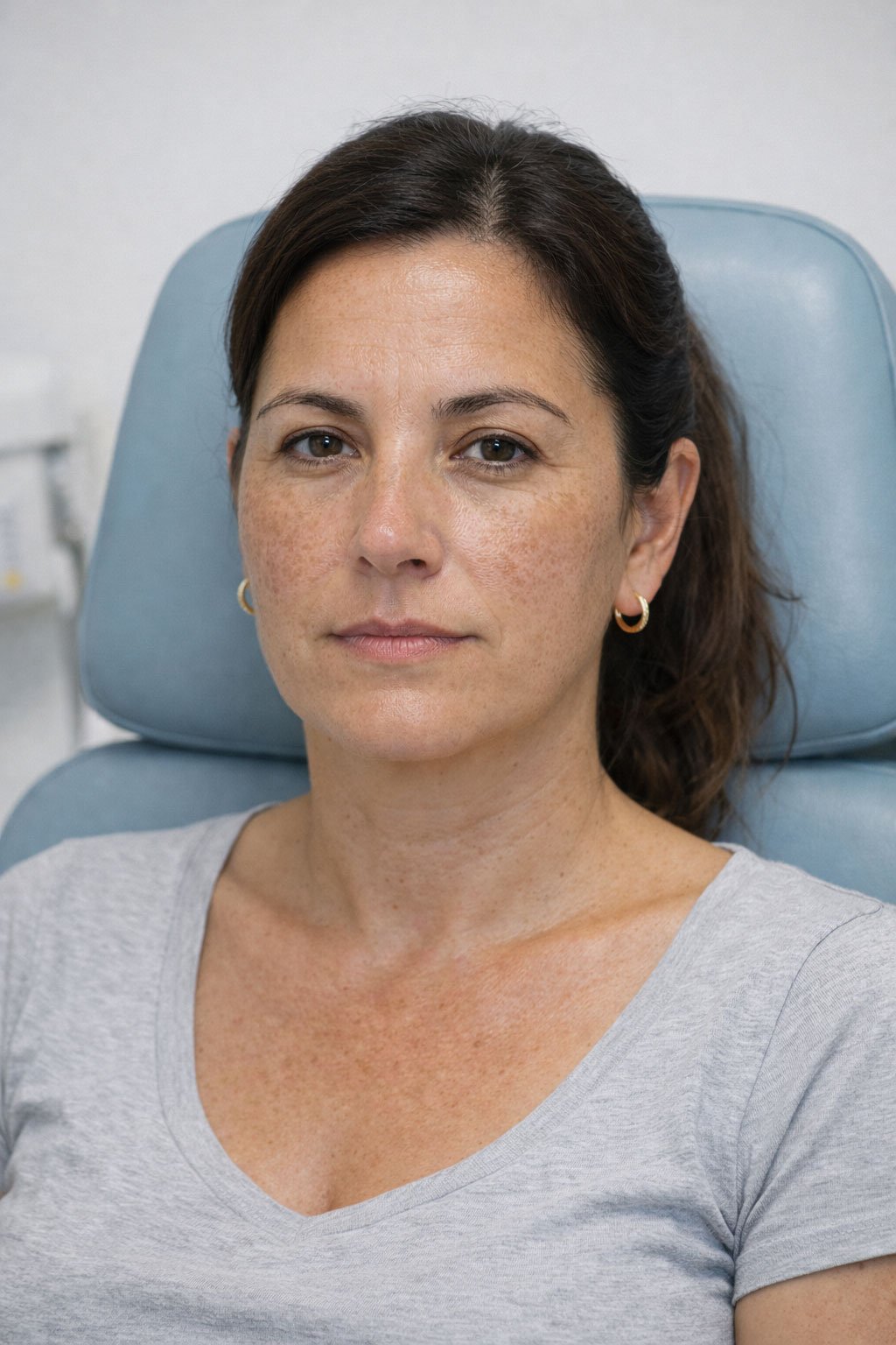 Close-up portrait of the same woman after treatment, showing a more even-looking skin tone with reduced appearance of facial hyperpigmentation.