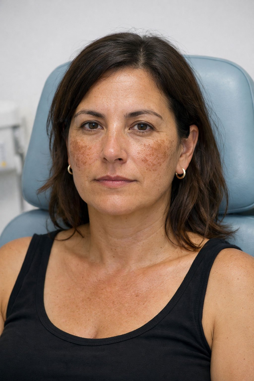 Close-up portrait of a woman seated in a treatment chair, showing visible facial hyperpigmentation and uneven skin tone prior to pigment correction treatment.