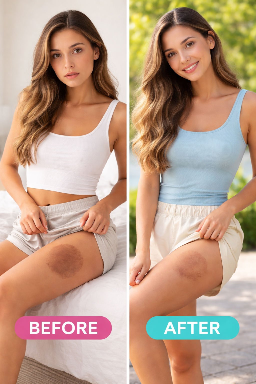 Before-and-after comparison of thigh skin pigmentation, showing a darker pigmented area before treatment and a more even skin tone appearance after pigment correction.
