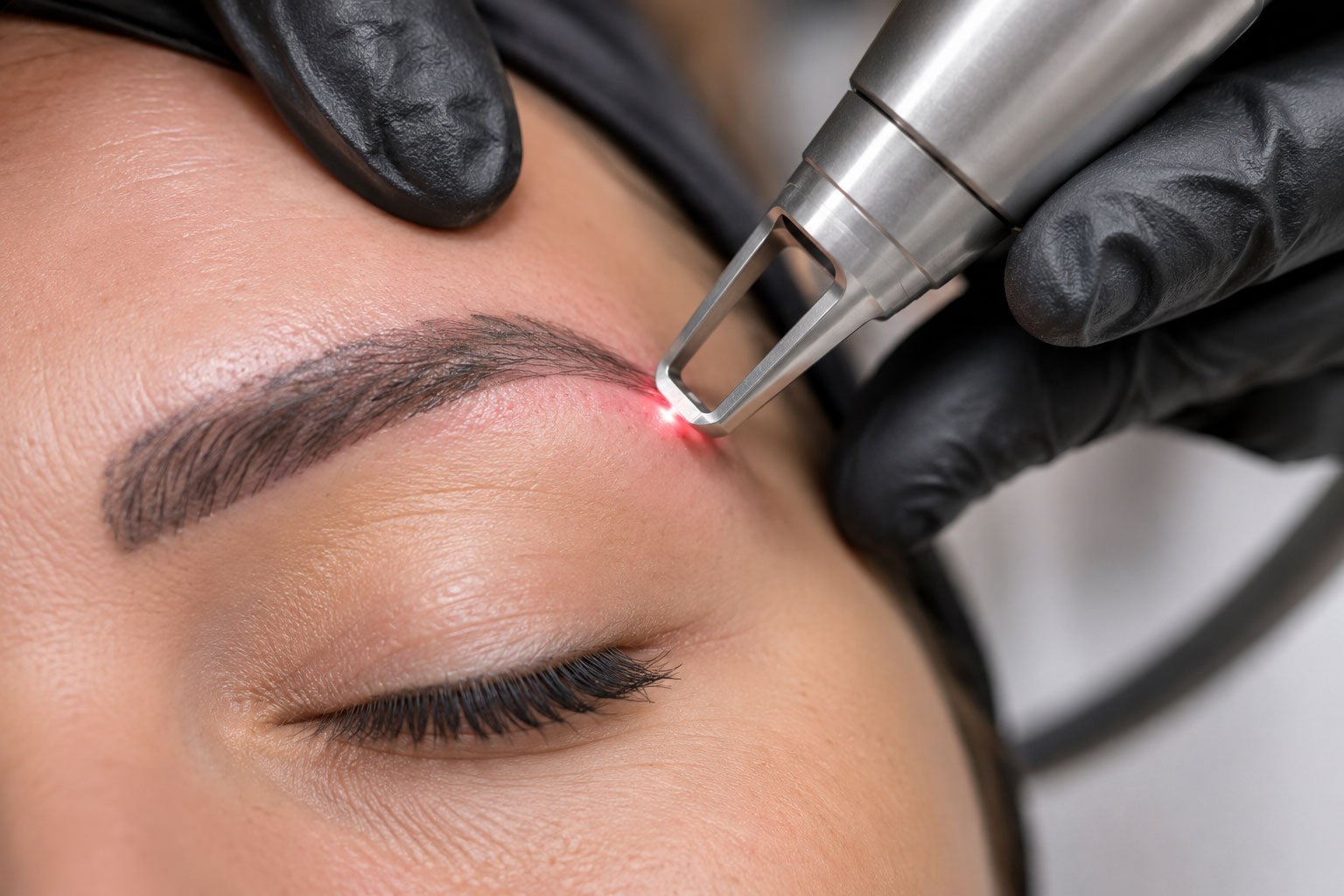 nd-yag-laser-tattoo-removal-treatment-austin-tx Close-up of Nd:YAG laser tattoo removal treatment safely removing black tattoo ink from the skin at Ogzy Skin & Scalp Tattoo in Austin, TX.